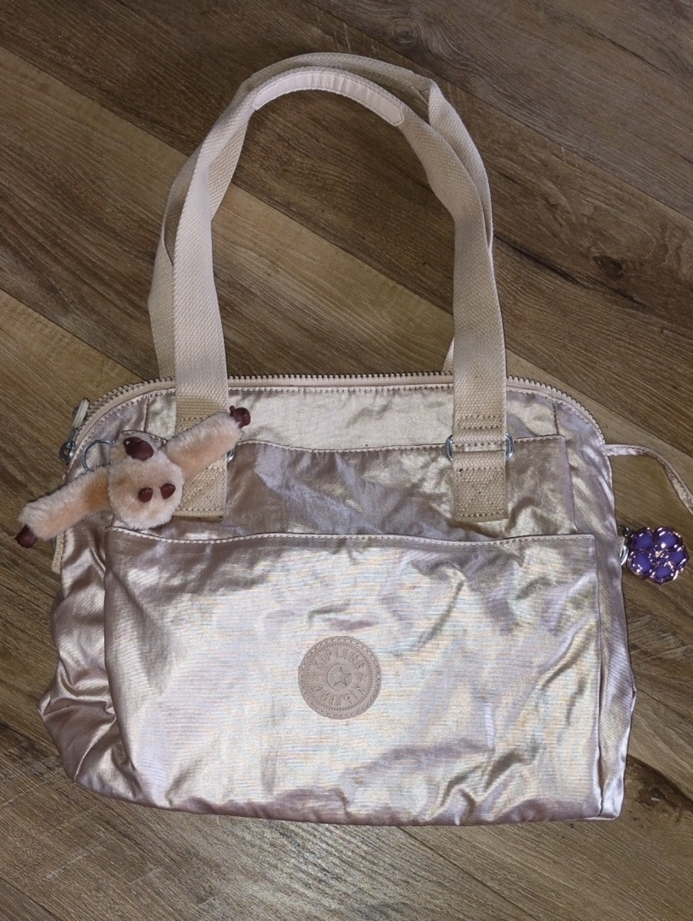 Kipling Iridescent Light Gold Tan Tote with Plush Monkey Charm